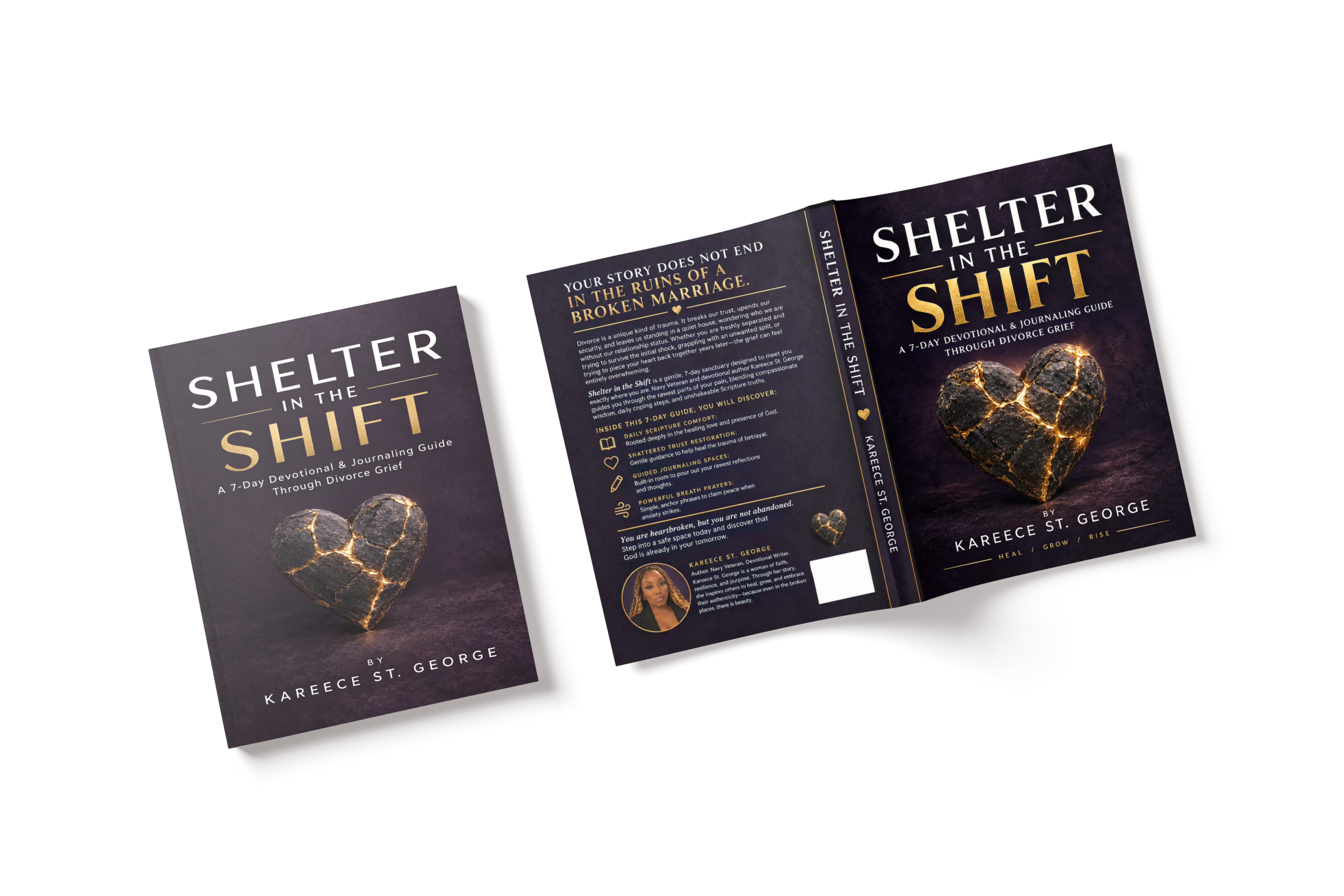Shelter in the Shift devotional book by Kareece St. George, featuring a gold cracked heart